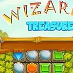 Kolorowe klejnoty i napisy Wizards Treasure na tle liści i drewnianych elementów