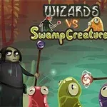 Dwóch czarodziejów trzymających magiczne laski stoi naprzeciw kolorowych stworzeń na tle bagiennym