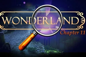 Tło z napisem Wonderland Chapter 11 z dużą lupą na środku