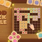 Drewniana plansza z kolorowymi kafelkami, ręką wskazującą na jeden z nich i napisem Wood Block Puzzle 2