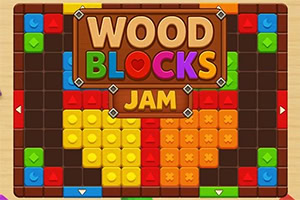 Kolorowe drewniane klocki ułożone na siatce łamigłówki z dużym napisem „WOOD BLOCKS JAM na środku