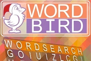 Ilustracja przedstawia logo z białym ptakiem w czapce świętego Mikołaja, obok napisu WORD BIRD; poniżej znajduje się kolorowe tło z literami układającymi się w WORDSEARCH