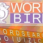 Ilustracja przedstawia logo z białym ptakiem w czapce świętego Mikołaja, obok napisu WORD BIRD; poniżej znajduje się kolorowe tło z literami układającymi się w WORDSEARCH