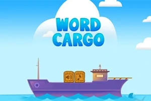 Statek towarowy na morzu z dwoma skrzyniami i napisem WORD CARGO na tle nieba z chmurami