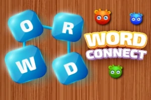 Niebieskie kafelki z literami O, R, W, D na tle drewna oraz napisy WORD CONNECT obok kolorowych, okrągłych postaci
