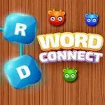 Niebieskie kafelki z literami O, R, W, D na tle drewna oraz napisy WORD CONNECT obok kolorowych, okrągłych postaci