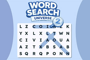 Logo „Word Search Adventures 2 nad planszą wykreślanki z literami na jasnoniebieskim tle