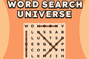 Pomarańczowa grafika z napisem „WORD SEARCH UNIVERSE i diagramem wykreślanki z zaznaczonymi słowami