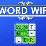 Niebieski ekran z dużym białym napisem WORD WIPE oraz planszą literową układającą się w słowo, z literami zaznaczonymi na zielono