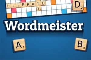 Plansza z literami układającymi słowo LITERATE, tytuł Wordmeister oraz płytki z literami A i B na niebieskim tle