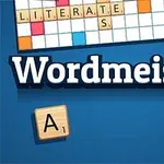 Plansza z literami układającymi słowo LITERATE, tytuł Wordmeister oraz płytki z literami A i B na niebieskim tle