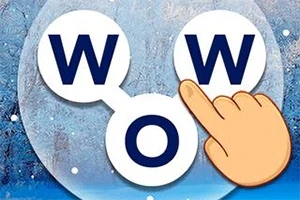 Połączone okręgi z literami W i O oraz rysunkowy palec wskazujący na jeden z okręgów, na tle zimowym