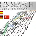 Słowa WORDS SEARCH CLASSIC EDITION na szarym tle z flagami sześciu krajów i diagramem z literami