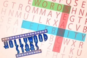 Słowa WORDS, SEA, i CELEBRITY wyróżnione na tle krzyżówki z kolorowym napisem HOLLYWOOD STARS w lewym dolnym rogu