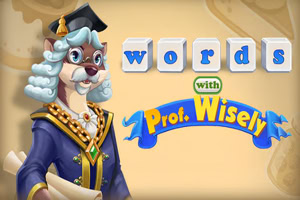 Ilustracja przedstawia antropomorficznego psa w stroju nauczyciela i birecie, trzymającego zwój, z napisem words with Prof