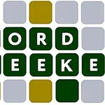 Litery układające się w słowa WORD SEEKER na zielonych kafelkach otoczonych szarymi i złotymi polami