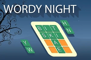 Napisy WORDY NIGHT z blokami literowymi na granatowym tle z ozdobnym wzorem po lewej stronie