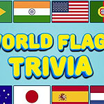 World Flags Trivia Flagi Brazylii, Indii, USA, Portugalii, Australii, Japonii, Hiszpanii i Holandii oraz napis World Flags Trivia na niebieskim tle