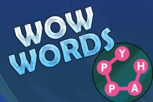 Niebieskie tło z białym napisem WOW WORDS i diagramem liter ułożonych w okręgu z połączonymi czerwonymi kropkami z literami