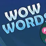 Niebieskie tło z białym napisem WOW WORDS i diagramem liter ułożonych w okręgu z połączonymi czerwonymi kropkami z literami