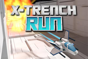 Myśliwiec lecący w futurystycznym korytarzu z wybuchem w tle i napisem X-Trench Run