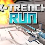 Myśliwiec lecący w futurystycznym korytarzu z wybuchem w tle i napisem X-Trench Run