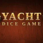 Napis Yacht Dice Game z dwoma sześciennymi kośćmi na tle imitującym drewno