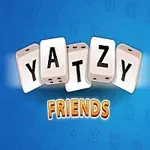 Kości z literami układające się w napis YATZY FRIENDS na niebieskim tle, z wesołą kostką z prawej strony