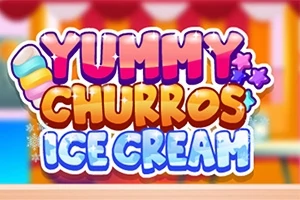 Kolorowy napis „Yummy Churros Ice Cream” z grafiką lodów na patyku i gwiazdkami w tle