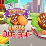 Apetyczny hamburger z sałatą, serem, pomidorem, cebulą i sosem, obok zestawu składników i kolorowych sosów na stole, na tle miasta