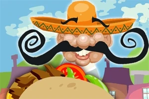 Mężczyzna z dużym wąsem i sombrero oraz taco na pierwszym planie
