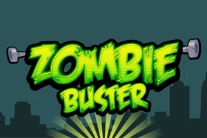 Napis Zombie Buster w jaskrawozielonym kolorze na tle ciemnego miasta z widocznymi hantlami po bokach