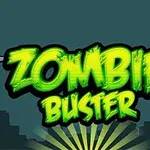 Napis Zombie Buster w jaskrawozielonym kolorze na tle ciemnego miasta z widocznymi hantlami po bokach
