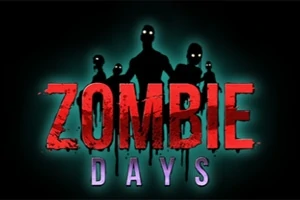 Czarna sylwetka postaci z błyszczącymi oczami na tle napisu Zombie Days w czerwonym i fioletowym kolorze
