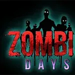 Czarna sylwetka postaci z błyszczącymi oczami na tle napisu Zombie Days w czerwonym i fioletowym kolorze