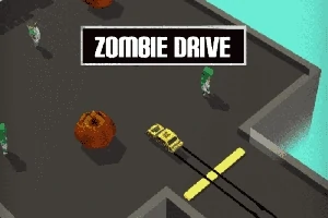 Żółty samochód bocznym torem przemierza tor otoczony zombie i przeszkodami, na szczycie kadru napis Zombie Drive