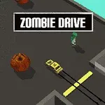 Żółty samochód bocznym torem przemierza tor otoczony zombie i przeszkodami, na szczycie kadru napis Zombie Drive