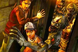 Zombie Hunter Postacie próbujące zamknąć drzwi przed zbliżającymi się zombie