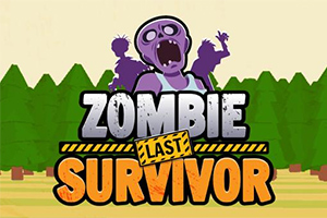 Fioletowy zombi z otwartymi ustami na tle drzew i napis ZOMBIE LAST SURVIVOR z wyróżnionym słowem LAST