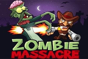 Zielony zombie z odsłoniętym mózgiem i strzelający rewolwerowiec w kapeluszu na tle fioletowego nieba z księżycem
