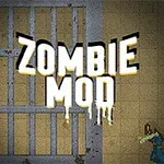 Napis ZOMBIE MOD na tle krat więziennych i postaci zombie z pojemnikami oznaczonymi symbolem promieniowania