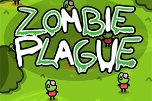 Napis Zombie Plague na zielonym tle z rysunkowymi postaciami zombie w czerwonych ubrankach