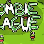 Napis Zombie Plague na zielonym tle z rysunkowymi postaciami zombie w czerwonych ubrankach