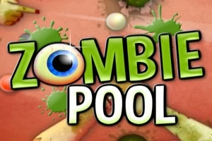 Kolorowy napis ZOMBIE POOL z okiem zamiast litery O, otoczony zielonymi plamami i palcem wskazującym