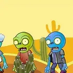 Trzy kolorowe postacie zombie stojące na pustynnym tle z kaktusami