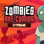 Na czerwonym tle z promieniami widoczny zielonoskóry zombie z otwartymi ustami, obok duży napis oraz cienie dwóch postaci