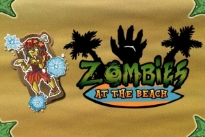 Zombie w hawajskiej spódnicy z lodowymi kulami obok napisu z palmami i dłonią