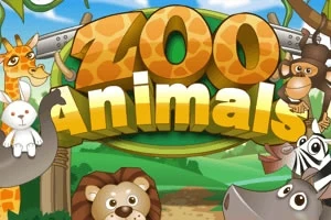 Kolorowy napis Zoo Animals otoczony ilustracjami zwierząt, takich jak żyrafa, małpa, lew, zebra, nosorożec i królik na tle zielonego krajobrazu