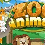 Kolorowy napis Zoo Animals otoczony ilustracjami zwierząt, takich jak żyrafa, małpa, lew, zebra, nosorożec i królik na tle zielonego krajobrazu