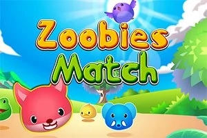 Kolorowe rysunkowe zwierzątka w krajobrazie przyrody z napisem Zoobies Match